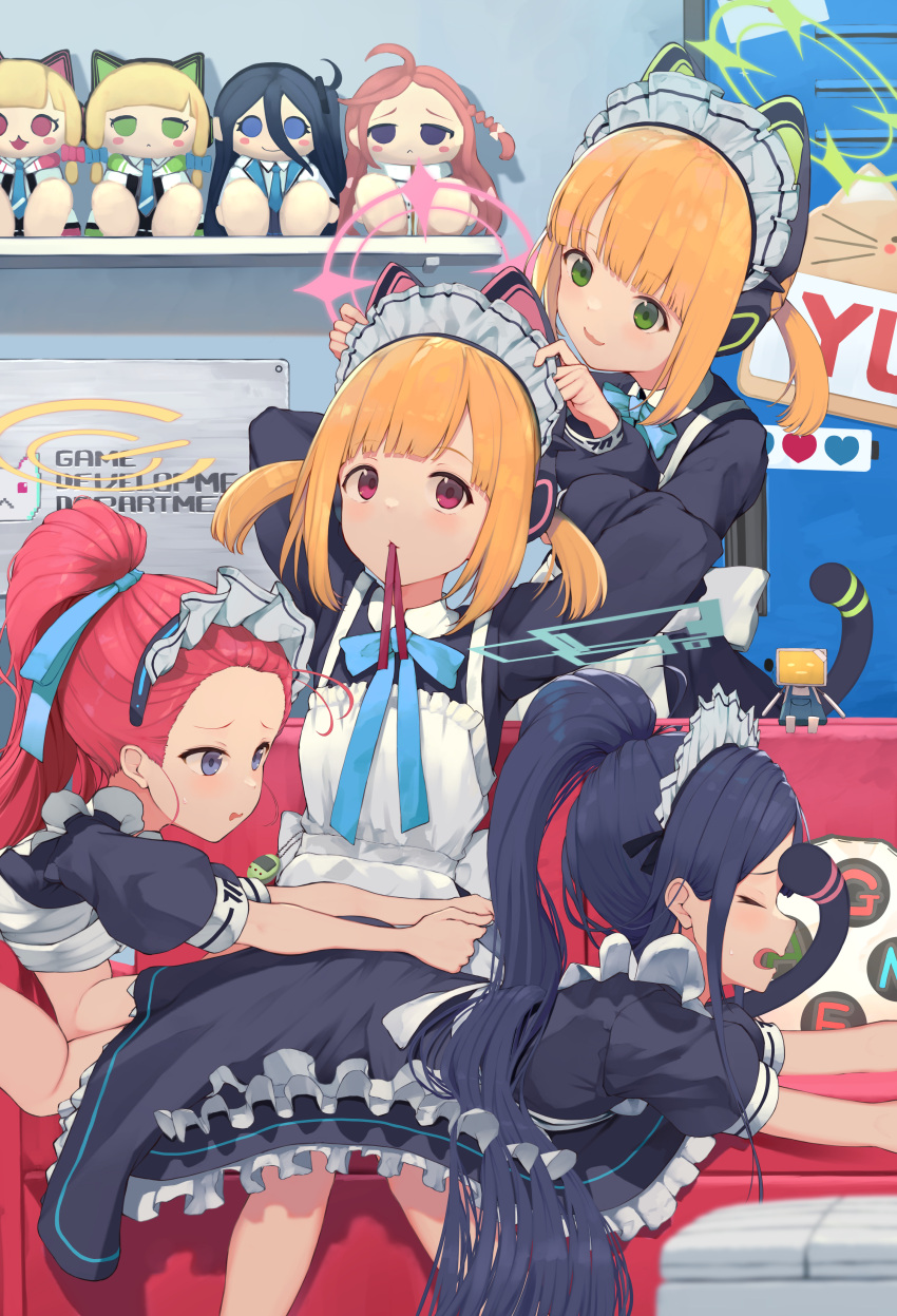 4girls absurdres animal_ears apron aris_(blue_archive) aris_(maid)_(blue_archive) black_hair blonde_hair blue_archive cat_ears character_doll commentary_request cropped_torso dressing dressing_another fake_animal_ears game_development_department_(blue_archive) green_eyes highres indoors long_hair long_sleeves maid midori_(blue_archive) midori_(maid)_(blue_archive) momoi_(blue_archive) momoi_(maid)_(blue_archive) multiple_girls piisu ponytail red_eyes redhead siblings sisters twins twintails very_long_hair white_apron yuzu_(blue_archive) yuzu_(maid)_(blue_archive)