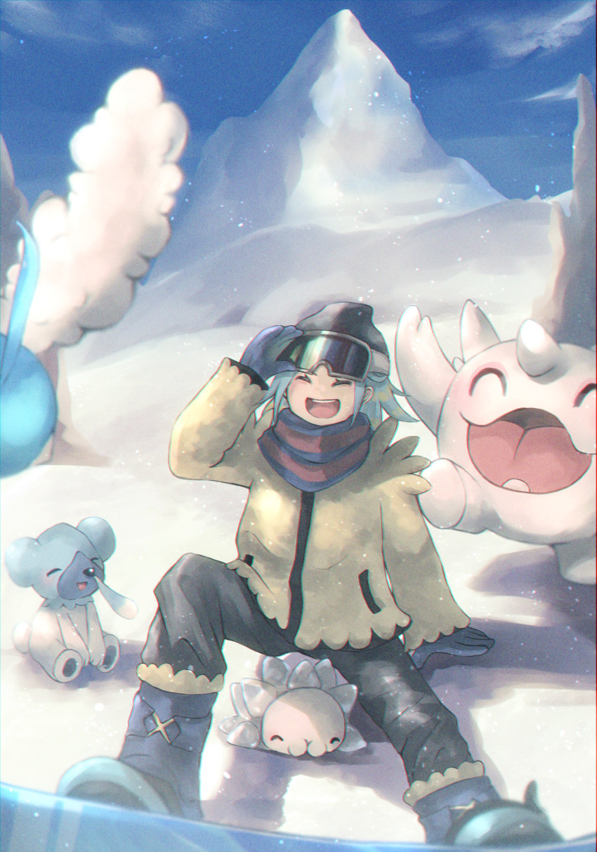1boy :d absurdres arm_support beanie blue_footwear blue_gloves boots cetoddle closed_eyes clouds commentary_request cubchoo day eyelashes gloves grusha_(pokemon) hat highres jacket male_focus open_mouth outdoors pants pokemon pokemon_(creature) pokemon_(game) pokemon_sv scarf shiruko_(s1ruko) sitting sky smile snom snow striped striped_scarf swablu teeth tongue upper_teeth_only yellow_jacket