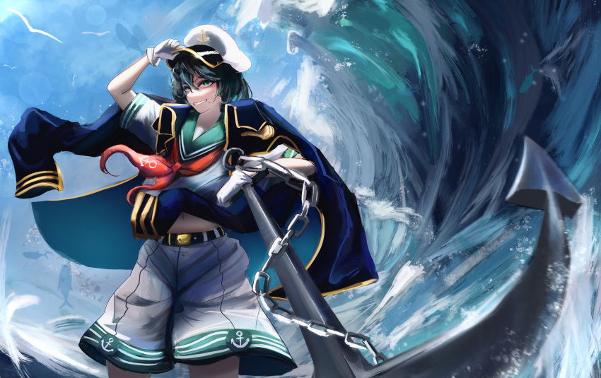 1girl absurdres anchor anchor_symbol bad_id bad_pixiv_id black_coat black_hair chain coat gloves green_eyes green_sailor_collar grin hair_between_eyes hat highres murasa_minamitsu navel neckerchief peaked_cap red_neckerchief sailor_collar sailor_shirt shirt short_hair short_sleeves shorts smile solo touhou water white_gloves white_headwear white_shirt white_shorts yuhel