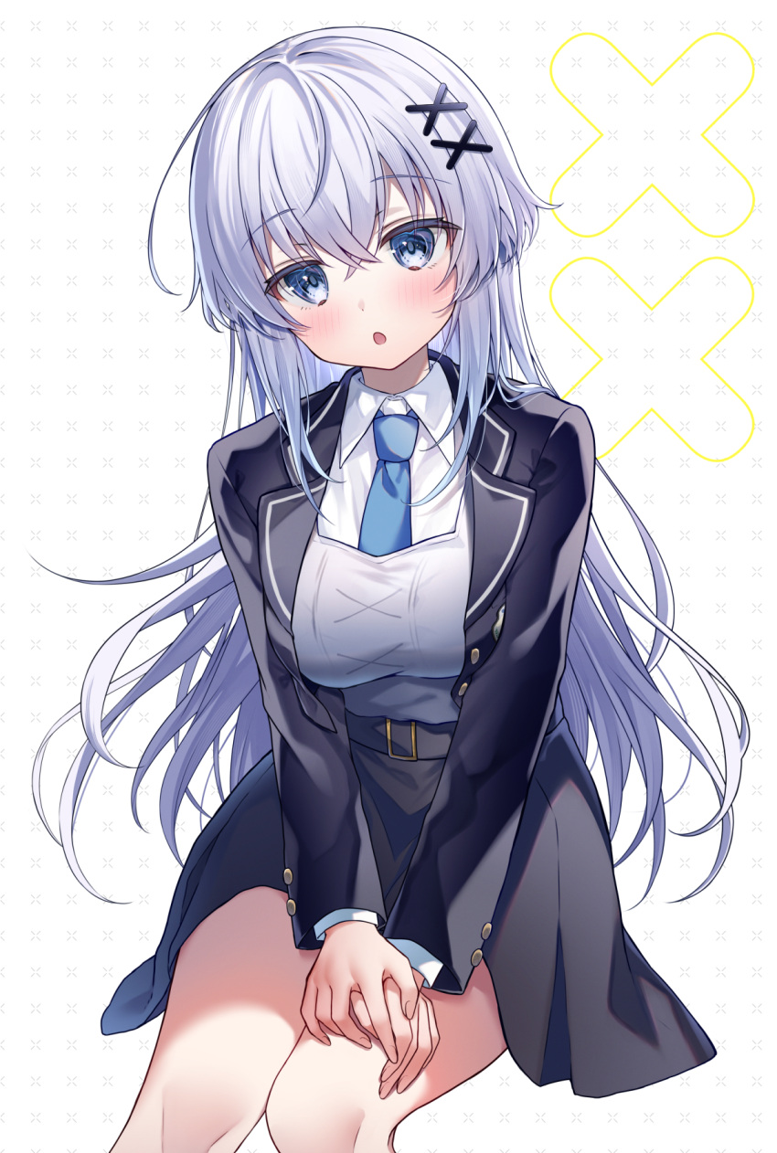 1girl :o black_jacket black_skirt blazer blue_eyes blue_necktie breasts collared_shirt commentary_request feet_out_of_frame grey_hair gyozanuko hair_between_eyes hair_ornament head_tilt highres jacket large_breasts long_hair looking_at_viewer necktie open_clothes open_jacket original parted_lips pleated_skirt shirt sitting skirt solo textless_version translation_request very_long_hair white_shirt x_hair_ornament