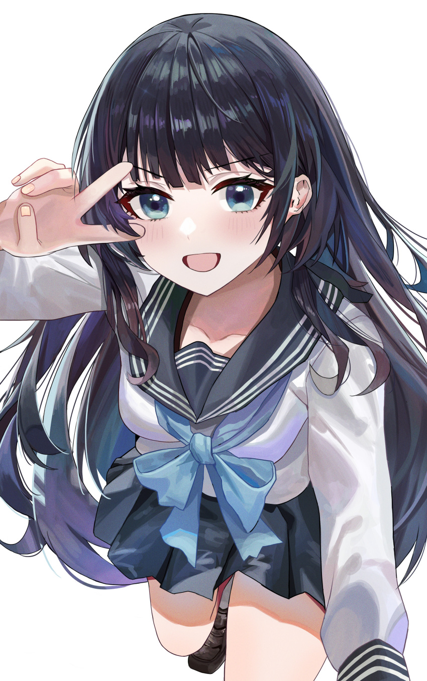 1girl absurdres akebi-chan_no_serafuku akebi_komichi black_hair blue_eyes blue_neckerchief blunt_bangs blush breasts chinese_commentary commentary_request hand_up highres liangyimo long_hair long_sleeves looking_at_viewer medium_breasts neckerchief open_mouth school_uniform serafuku shirt sidelocks simple_background smile solo upper_body v white_background white_shirt
