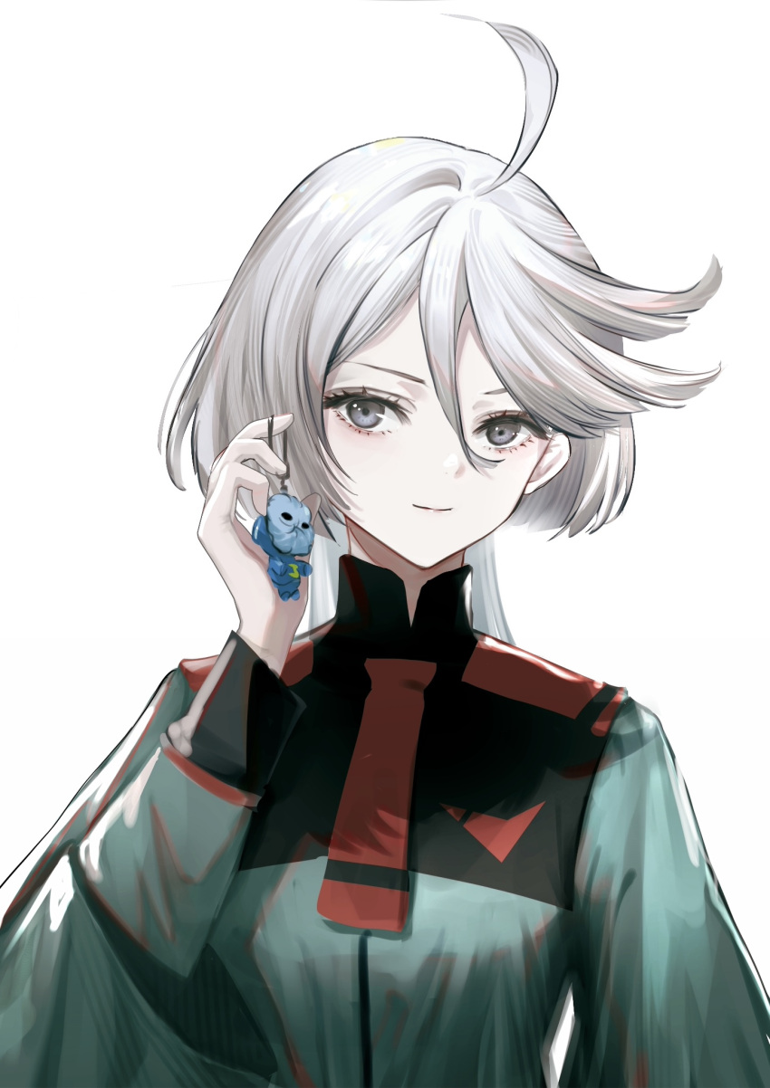 1girl ahoge asticassia_school_uniform charm_(object) closed_mouth commentary_request cool_(gundam_suisei_no_majo) green_jacket grey_eyes grey_hair gundam gundam_suisei_no_majo hair_between_eyes hand_up highres hirose_(10011) holding_charm jacket long_hair long_sleeves looking_at_viewer miorine_rembran school_uniform shoulder_boards simple_background smile solo swept_bangs upper_body white_background wide_sleeves