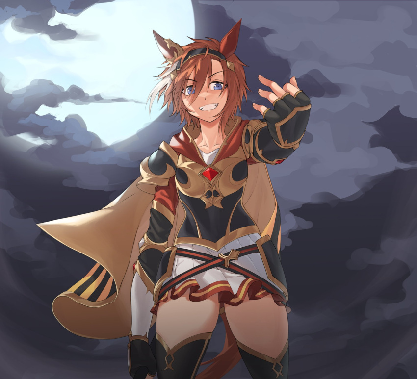 1girl armor black_armor black_cape black_thighhighs blue_eyes breastplate brown_hair cape clouds cloudy_sky collarbone commentary cowboy_shot durandal_(racehorse) faulds fukuro_(maruaru00) full_moon genderswap genderswap_(mtf) gold_trim grin highres looking_at_viewer moon night night_sky original outdoors pauldrons personification short_hair shoulder_armor sky smile solo striped_cape thigh-highs two-tone_cape umamusume vambraces white_hair yellow_cape