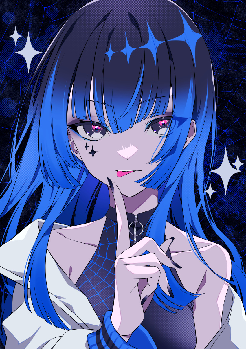 1girl :p absurdres black_eyes black_hair black_nails blue_hair copyright_request finger_to_own_chin gradient_hair halterneck highres jacket long_hair multicolored_eyes multicolored_hair open_clothes open_jacket pink_eyes solo sparkle tazaki_nabe tongue tongue_out white_jacket zipper