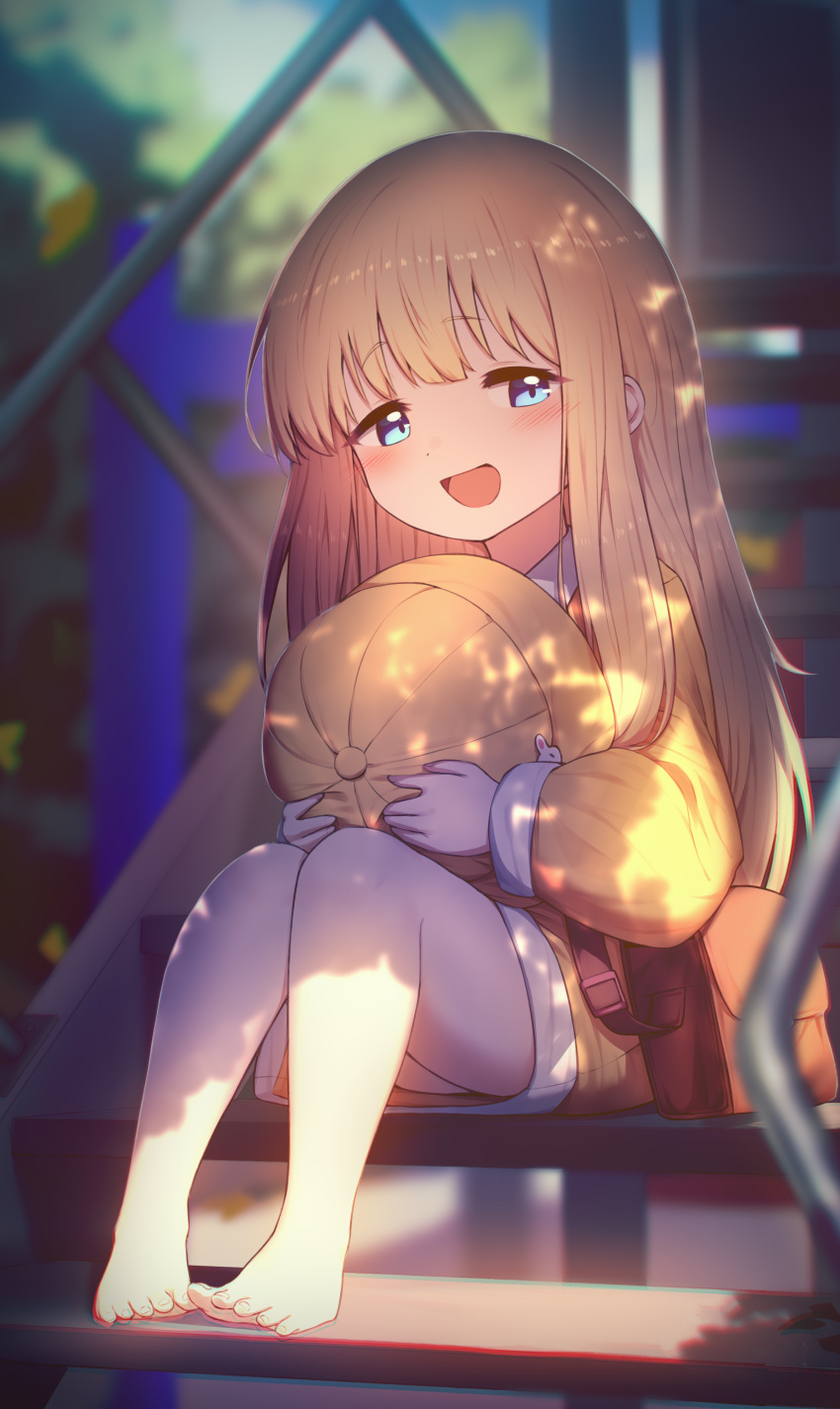 1girl absurdres bag barefoot blonde_hair blue_eyes blurry blurry_background blush commission day hat highres holding holding_clothes holding_hat hoplitx long_hair long_sleeves looking_at_viewer open_mouth original outdoors pixiv_commission sitting solo stairs yellow_footwear