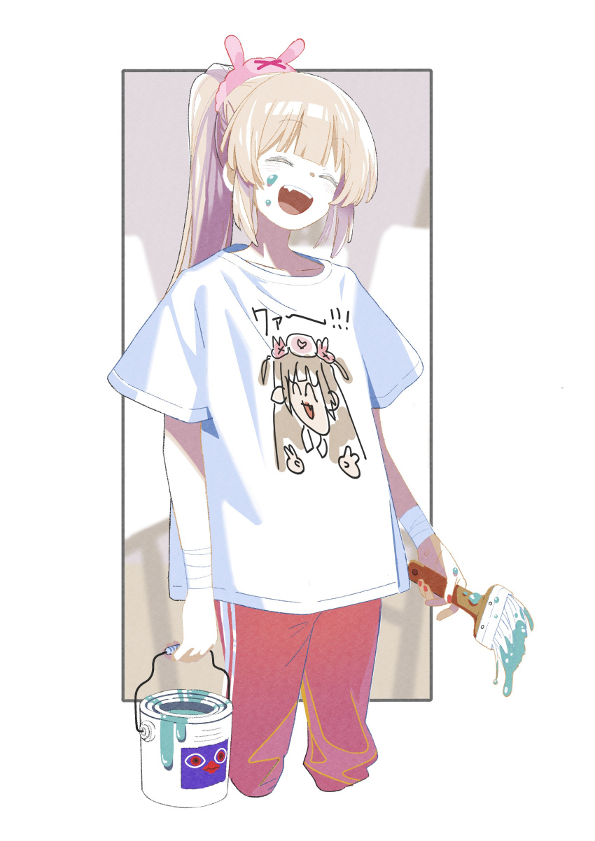 1girl absurdres alternate_costume alternate_hairstyle arms_at_sides bandaged_wrist bandages blonde_hair blurry blurry_background blush border can canvas_(object) closed_eyes commentary_request cropped_legs easel fang hair_ornament hair_scrunchie highres holding holding_can holding_paintbrush kintamawaru long_hair natori_sana open_mouth outside_border paint_can paint_splatter paint_splatter_on_face paintbrush pants ponytail print_shirt rabbit_hair_ornament raised_eyebrows red_nails red_pants sana_channel scrunchie shirt smile solo t-shirt track_pants virtual_youtuber white_border