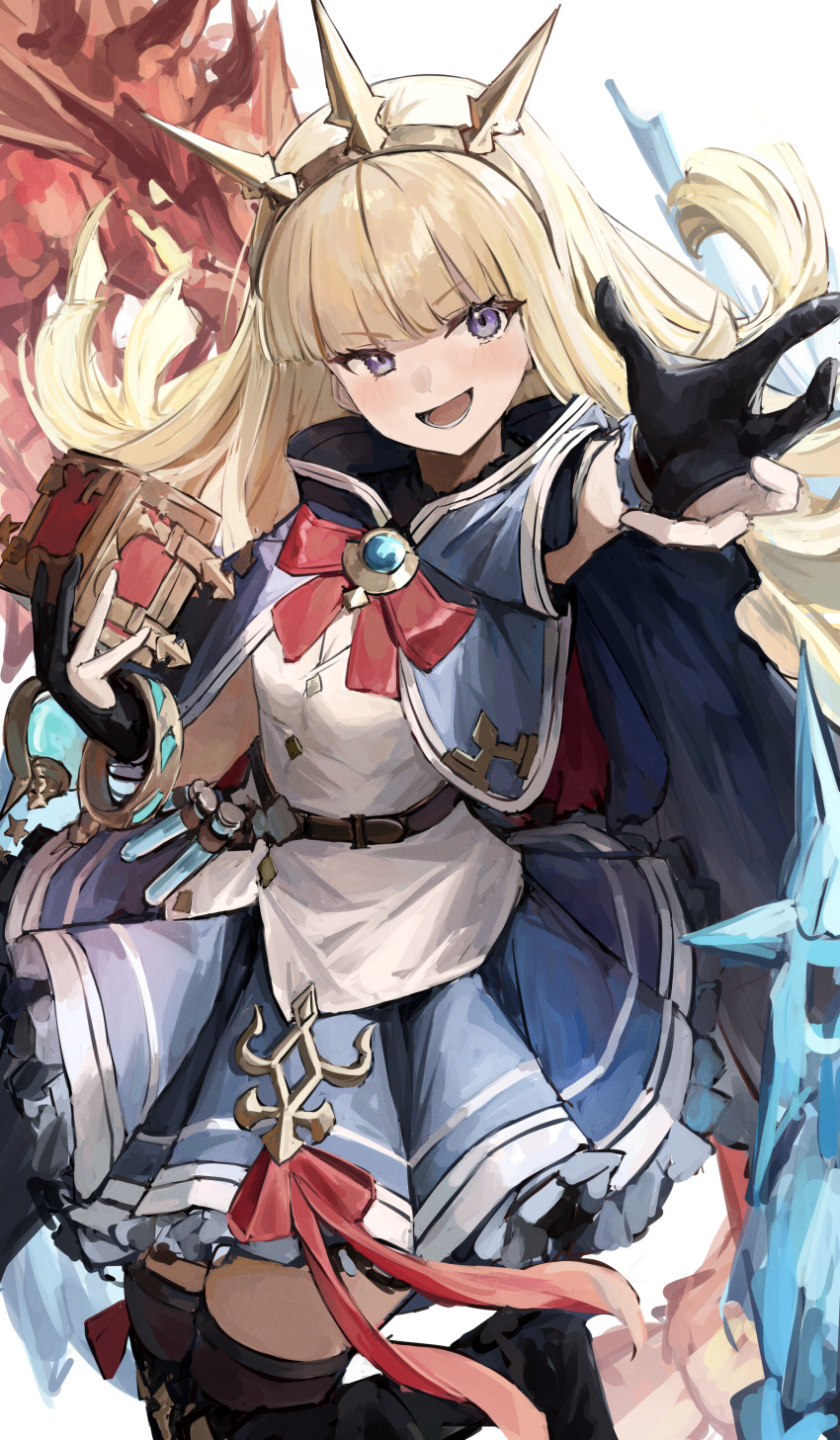 1girl absurdres belt black_gloves black_thighhighs blonde_hair blue_capelet blue_skirt blunt_bangs blush breasts brown_belt cagliostro_(granblue_fantasy) capelet commentary frilled_skirt frills gloves granblue_fantasy hairband highres holding_cube jumping long_hair open_mouth partially_fingerless_gloves potion red_ribbon ribbon shiro_wa_(shiroshironix) shirt skirt small_breasts smile solo spiked_hairband spikes thigh-highs violet_eyes white_shirt