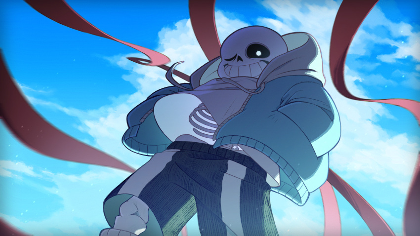 1boy absurdres black_shorts blue_jacket clouds day forut_dondon hands_in_pockets highres hood hood_down hooded_jacket jacket looking_at_viewer male_focus one_eye_closed outdoors sans shirt shorts skeleton sky solo teeth undertale white_shirt