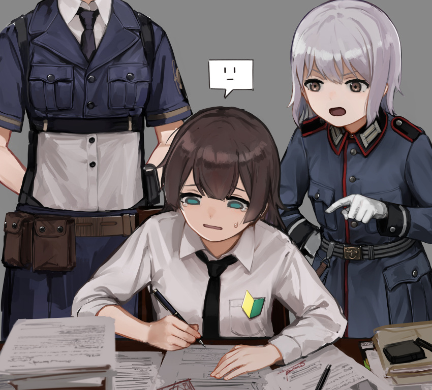 3girls arms_behind_back belt belt_pouch black_necktie blue_skirt breast_pocket brown_eyes brown_hair buttons chair collared_shirt commander_(girls'_frontline) desk dress_shirt epaulettes female_commander_(girls'_frontline) fg42_(girls'_frontline) folder girls_frontline gloves green_eyes grey_background hand_on_own_hip head_out_of_frame highres load_bearing_equipment long_hair long_sleeves military_uniform multiple_girls necktie on_chair p08_(girls'_frontline) paper pen pocket pointing pouch rampart1028 shirt short_sleeves sitting skirt standing sweatdrop tearing_up tunic uniform white_gloves white_shirt working