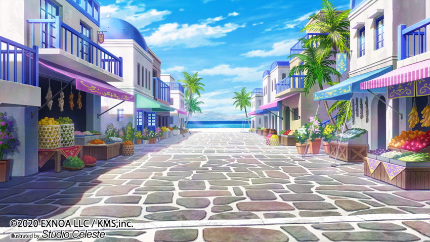 balcony beach blue_sky building clouds cloudy_sky cobblestone day dome entrance flower food fruit herb herb_bundle house no_humans ocean ono_tomohiro original palm_tree plant potted_plant sapling scenery shade shadow shop shore sky sunlight town tree water window