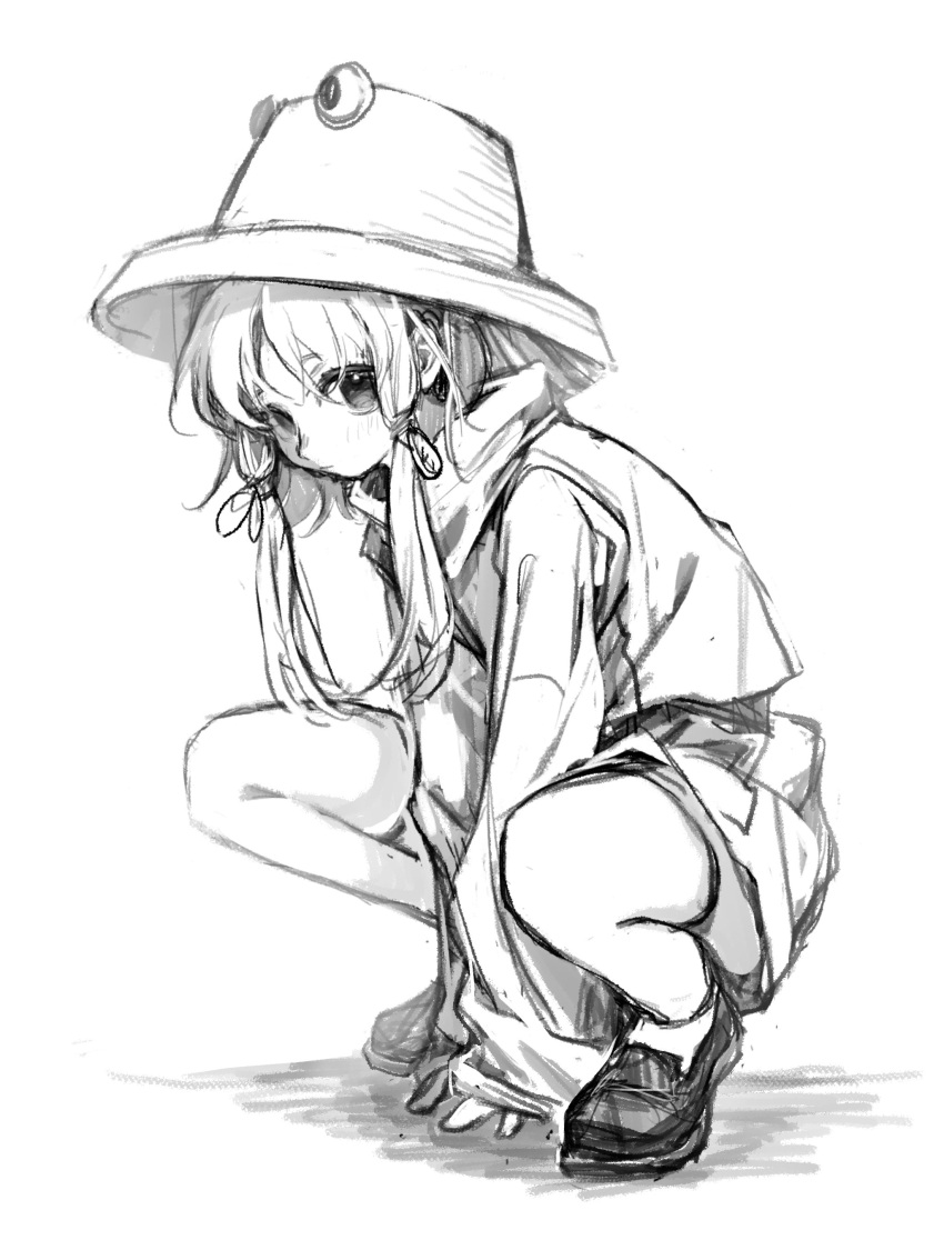 1girl 80isiiii absurdres blush closed_mouth full_body greyscale hair_ribbon hat highres long_hair long_sleeves monochrome moriya_suwako ribbon shirt shoes simple_background sketch skirt solo squatting touhou tress_ribbon vest white_background wide_sleeves