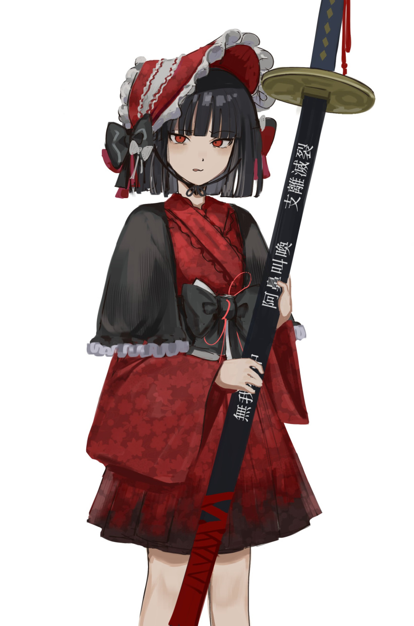 1girl absurdres aged_down black_bow black_capelet black_hair bonnet bow capelet frilled_capelet frills hair_bow highres holding holding_weapon japanese_clothes kimono limbus_company lolita_fashion long_sleeves looking_at_viewer na-gyou_(nunumaru) parted_lips project_moon red_headwear red_kimono ryoshu_(limbus_company) short_hair simple_background solo wa_lolita weapon white_background white_bow wide_sleeves