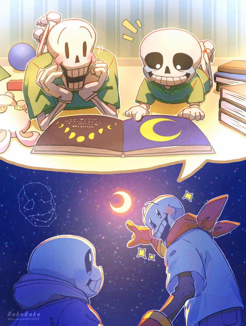 2boys artist_name black_pants blue_jacket blush book book_stack brothers crescent gloves green_shirt highres hood hood_down hooded_jacket jacket korokor59513559 lying male_focus moon multiple_boys night night_sky on_stomach open_book open_mouth pants papyrus_(undertale) pointing reading red_gloves red_scarf sans scarf shirt siblings skeleton sky smile star_(sky) starry_sky stuffed_animal stuffed_rabbit stuffed_toy teeth twitter_username undertale w.d._gaster white_shirt