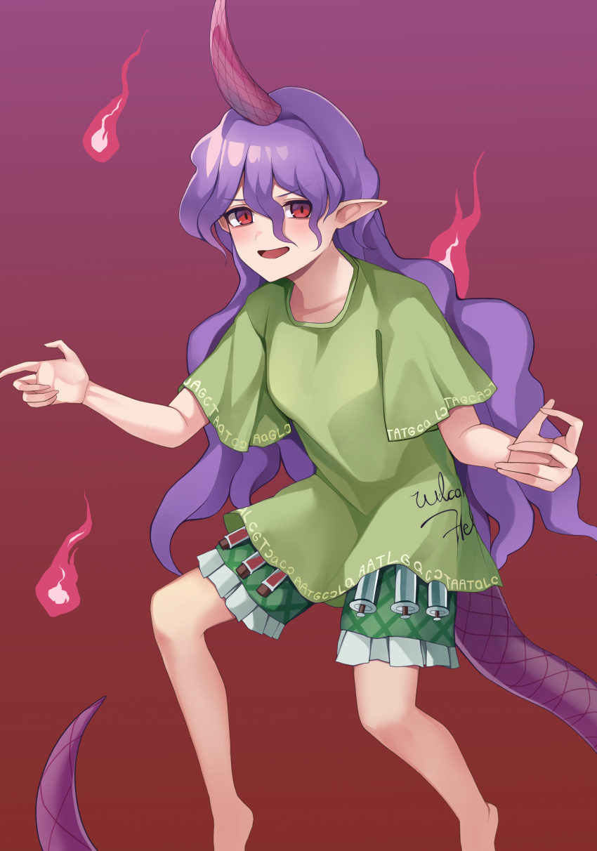 1girl absurdres blush clothes_writing fire gradient_background green_shirt green_shorts hair_between_eyes hair_ornament hairclip highres horns koizumo long_hair open_mouth pointy_ears purple_hair purple_horns red_eyes shirt short_sleeves shorts single_horn smile solo syringe tail tenkajin_chiyari test_tube touhou