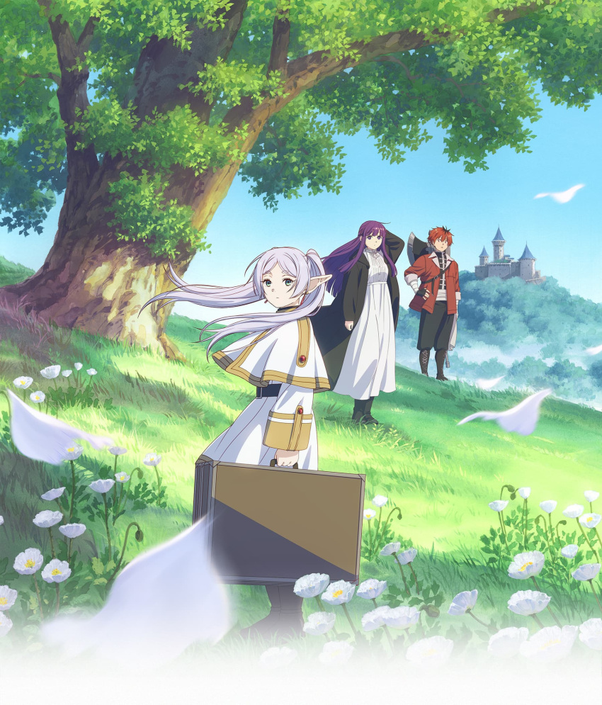 1boy 2girls axe black_coat boots briefcase castle coat day dress fern_(sousou_no_frieren) flower frieren grass highres holding holding_briefcase jacket key_visual long_hair looking_at_viewer multiple_girls official_art open_clothes open_coat outdoors petals pointy_ears promotional_art purple_hair red_jacket redhead short_hair sousou_no_frieren standing stark_(sousou_no_frieren) tree weapon weapon_on_back white_dress white_flower white_hair
