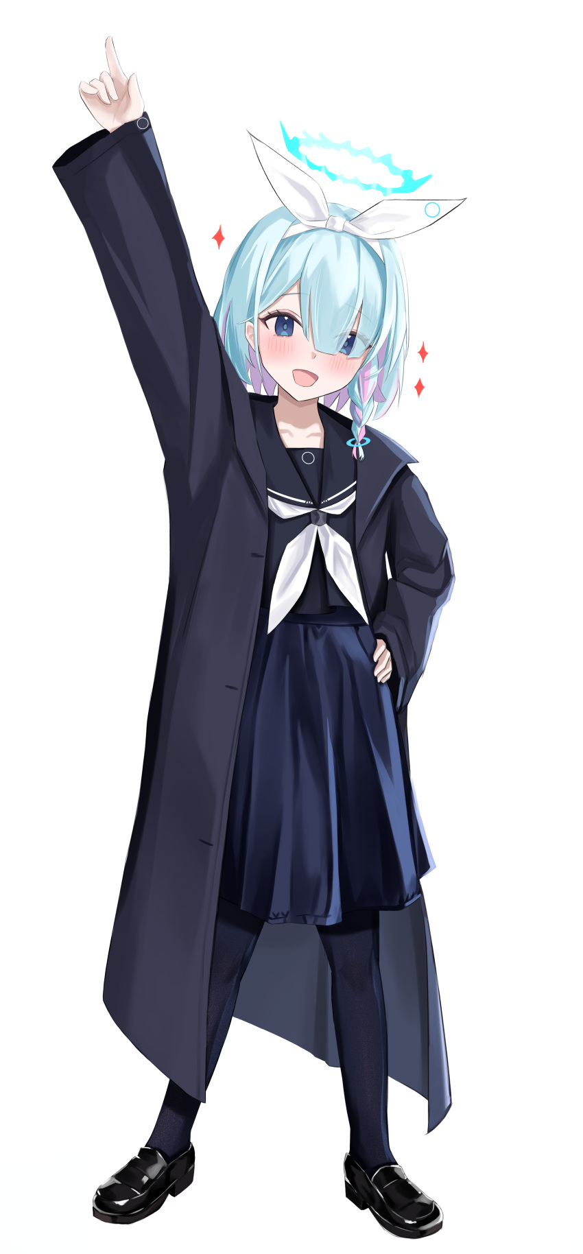 1girl absurdres arm_up arona_(blue_archive) black_coat black_footwear black_pantyhose black_serafuku blue_archive blue_eyes blue_hair blue_halo blue_skirt blush braid coat colored_inner_hair commentary_request cosplay full_body hair_over_one_eye hair_ribbon hairband halo hand_on_own_hip highres index_finger_raised loafers long_sleeves multicolored_hair neckerchief neranainerune open_clothes open_coat open_mouth pantyhose pink_hair plana_(blue_archive) plana_(blue_archive)_(cosplay) pleated_skirt ribbon school_uniform serafuku shoes short_hair side_braid simple_background skirt smile solo standing white_background white_hairband white_neckerchief white_ribbon