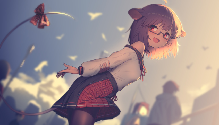 1girl absurdres animal_ears arms_behind_back bird black_pantyhose blurry blurry_background bow breasts brown_hair clouds commission glasses hair_ornament hairclip highres hoplitx leaning_forward long_sleeves mouse_ears mouse_girl mouse_tail open_mouth original outdoors pantyhose pixiv_commission plaid plaid_skirt red_bow red_eyes short_hair skirt sky small_breasts solo tail tail_bow tail_ornament