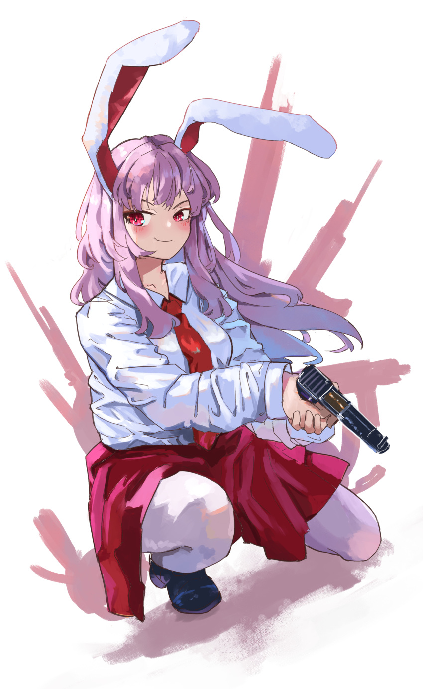 1girl absurdres animal_ears black_footwear closed_mouth collared_shirt commentary english_commentary full_body gun highres holding holding_gun holding_weapon long_hair long_sleeves necktie purple_hair rabbit_ears rabbit_girl red_eyes red_necktie red_skirt reisen_udongein_inaba shirt simple_background skirt smile solo squatting touhou vanilla_flan weapon white_background white_shirt