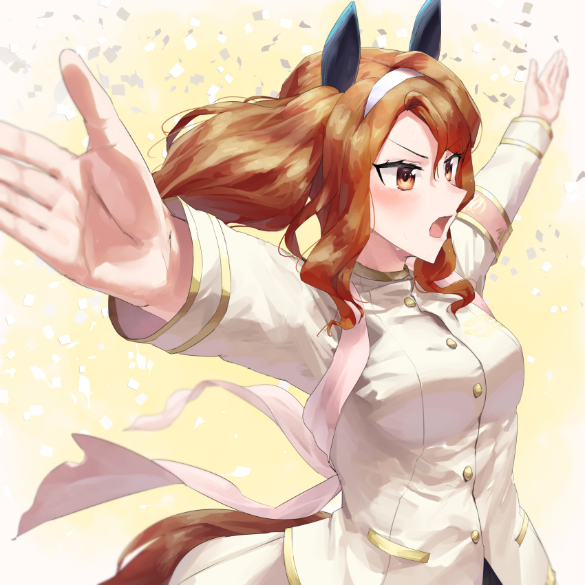 1girl animal_ears blush brown_eyes brown_hair ear_covers gakuran hairband highres horse_ears horse_girl horse_tail jacket king_halo_(noble_white_cheer_attire)_(umamusume) king_halo_(umamusume) long_hair long_sleeves official_alternate_costume open_mouth outstretched_arms roar_yell!_tracen_academy_cheerleading_squad_(umamusume) school_uniform tail tark_(318) umamusume upper_body white_hairband white_jacket