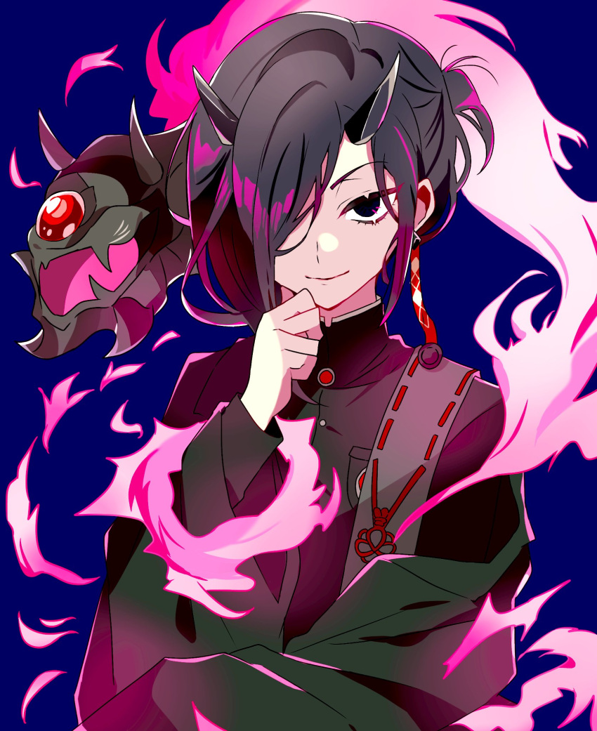 1other asymmetrical_hair black_eyes black_hair black_horns black_jacket blue_background closed_mouth commentary_request earrings fire gakuran gorozaemon_(housamo) hand_on_own_chin highres horns jacket jewelry looking_at_viewer mask medium_hair oni_horns other_focus pink_fire school_uniform simple_background single_earring smile solo swept_bangs todoroki_gk2 tokyo_afterschool_summoners upper_body