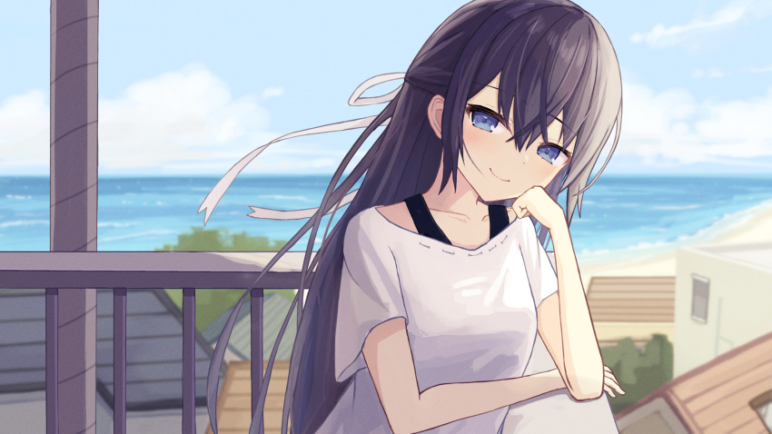1girl black_hair blue_eyes blue_sky building closed_mouth clouds collarbone commentary_request commission crossed_bangs day enokitake hair_between_eyes half_updo hand_on_own_chin highres house long_hair ocean one_side_up original outdoors pixiv_commission railing rooftop shirt short_sleeves sidelocks sky smile solo standing t-shirt white_shirt window