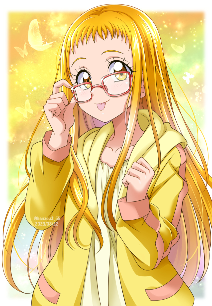 1girl 2023 :p aged_up artist_name blonde_hair commentary_request dated eyelashes glasses gradient_background hanzou happy highres jacket kasugano_urara_(yes!_precure_5) kibou_no_chikara_~otona_precure_'23~ long_hair looking_at_viewer precure smile solo tongue tongue_out twitter_username yellow_background yellow_eyes yellow_jacket yellow_theme yes!_precure_5 yes!_precure_5_gogo!