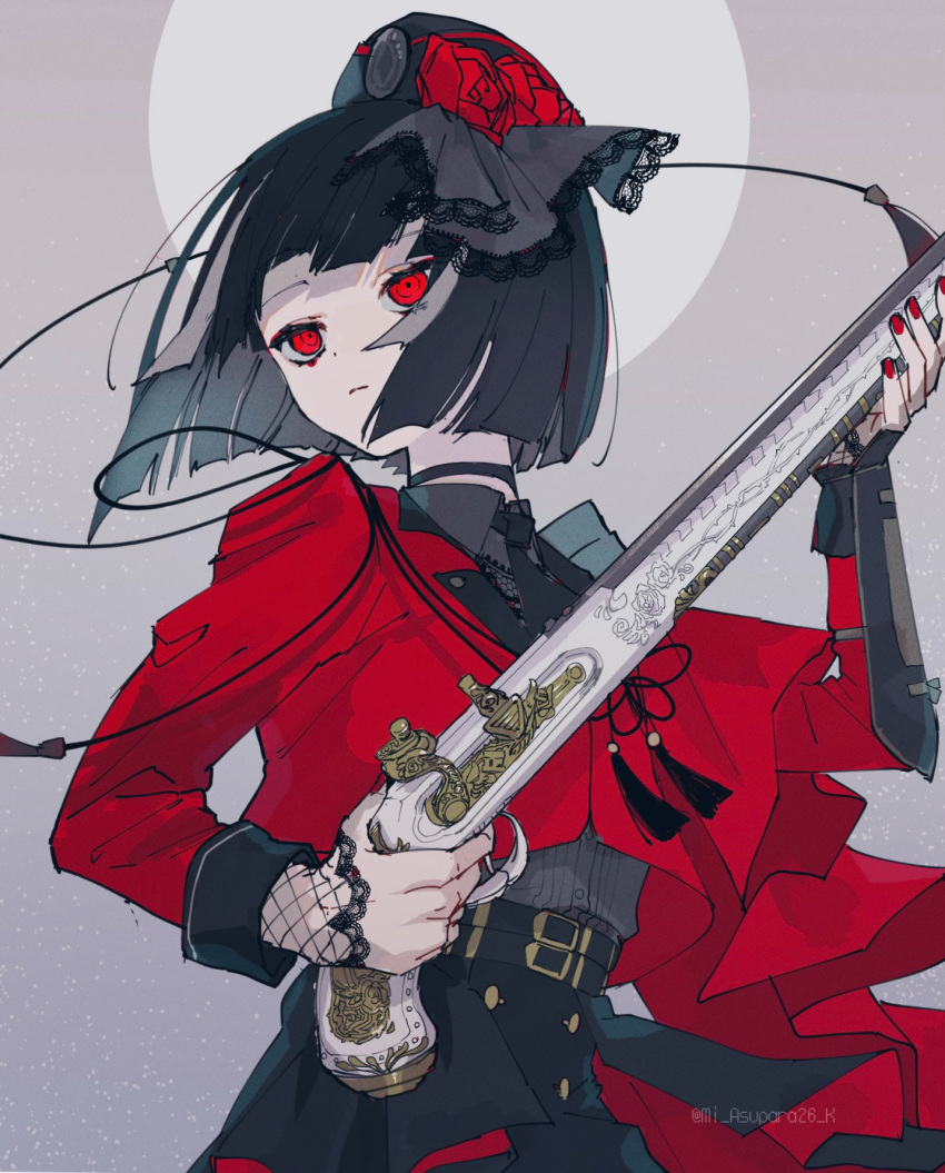1boy androgynous arm_guards armor black_hair bob_cut choker collared_shirt cropped_jacket finger_on_trigger floating_hair grey_background grey_hair grey_shirt gun hand_up hat hat_ribbon highres holding holding_gun holding_weapon jacket japanese_armor kyogoku_masamune lace lace_sleeves long_sleeves looking_to_the_side male_focus mi_asupara26_k multicolored_hair nail red_headwear red_jacket red_nails red_theme ribbon rifle shirt shirt_tucked_in short_hair solo streaked_hair string tassel touken_ranbu twitter_username two-sided_fabric upper_body weapon