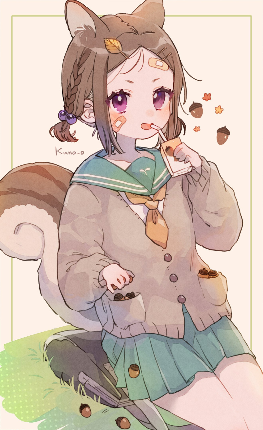 1girl :d acorn animal_ear_fluff animal_ears bandaid bandaid_on_cheek bandaid_on_face bandaid_on_forehead bendy_straw braid brown_background brown_cardigan brown_hair brown_neckerchief cardigan collarbone commentary_request drinking_straw grass green_sailor_collar green_skirt hair_bobbles hair_ornament hairclip highres holding jikuno leaf leaf_on_head long_sleeves looking_at_viewer neckerchief original parted_lips pleated_skirt puffy_long_sleeves puffy_sleeves sailor_collar school_uniform serafuku shirt signature sitting skirt sleeves_past_wrists smile solo squirrel_ears squirrel_girl squirrel_tail tail violet_eyes white_shirt