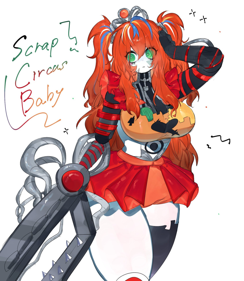 baby_(fnaf) breasts colored_skin five_nights_at_freddy's green_eyes highres large_breasts messy_hair midriff miniskirt multicolored_hair orange_hair personification red_skirt robot skirt streaked_hair thick_thighs thighs togetoge twintails weapon white_skin