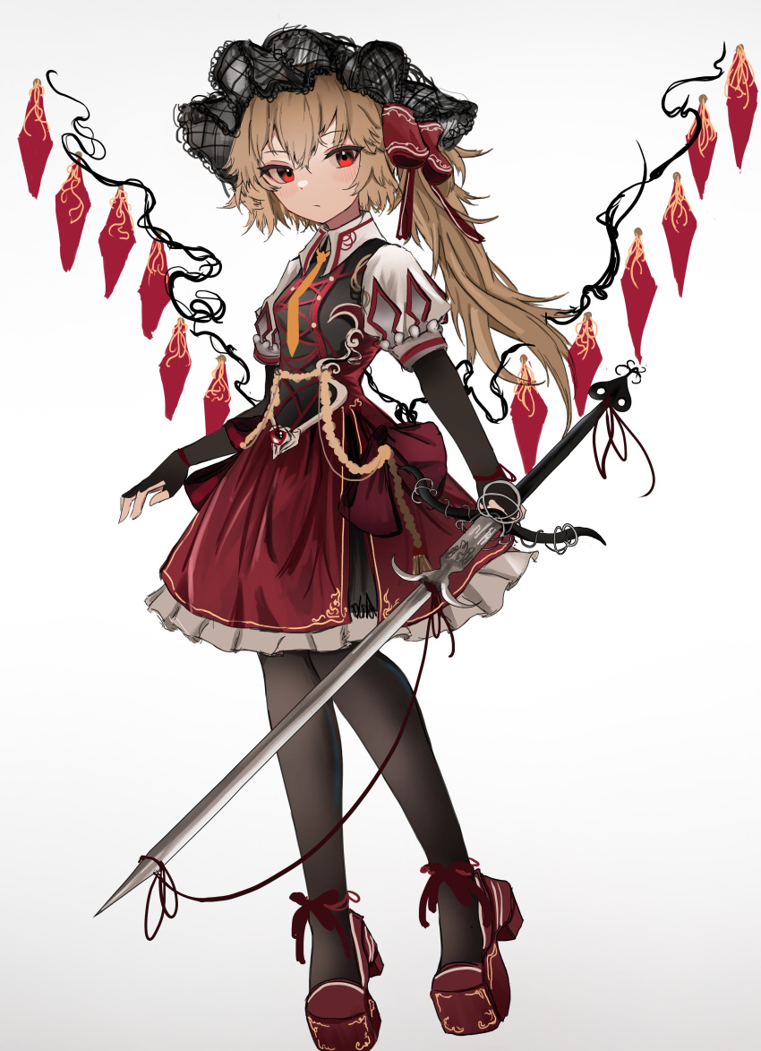 1girl absurdres black_gloves black_headwear black_pantyhose blonde_hair blush closed_mouth crystal dress elbow_gloves fingerless_gloves flandre_scarlet full_body gloves hair_between_eyes hat highres holding holding_sword holding_weapon long_hair mob_cap ougiikun pantyhose red_dress red_eyes red_footwear shoes short_sleeves simple_background solo sword touhou weapon white_background wings