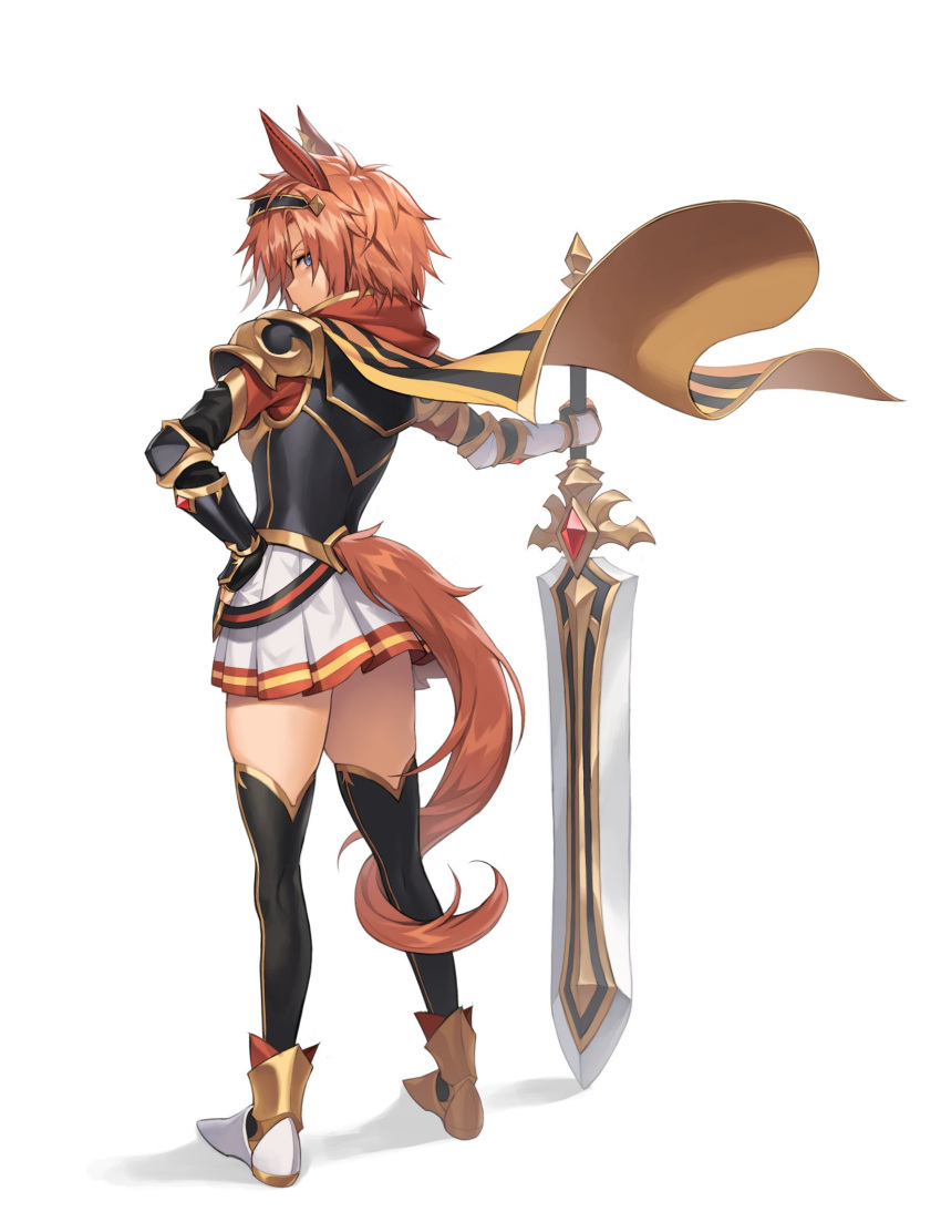 1girl animal_ears armor black_thighhighs blue_eyes brown_hair cape commentary cuirass durandal_(racehorse) ear_covers from_behind fukuro_(maruaru00) full_body greatsword hairband highres holding holding_sword holding_weapon horse_ears horse_girl horse_tail looking_at_viewer miniskirt original pauldrons personification sabaton shadow short_hair shoulder_armor sideways_glance simple_background skirt solo striped_cape sword tail tail_around_own_leg tail_through_clothes thigh-highs vambraces weapon white_background yellow_cape