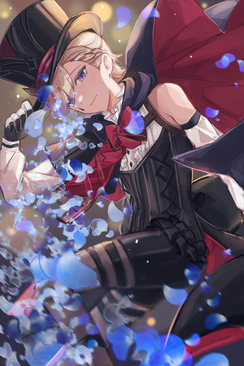 1boy absurdres black_headwear black_pantyhose bow cape closed_mouth detached_sleeves frills genshin_impact gloves grey_hair hand_on_headwear hat highres looking_at_viewer lyney_(genshin_impact) male_focus mnce_o pantyhose petals red_bow simple_background solo teardrop_facial_mark thigh_strap top_hat violet_eyes