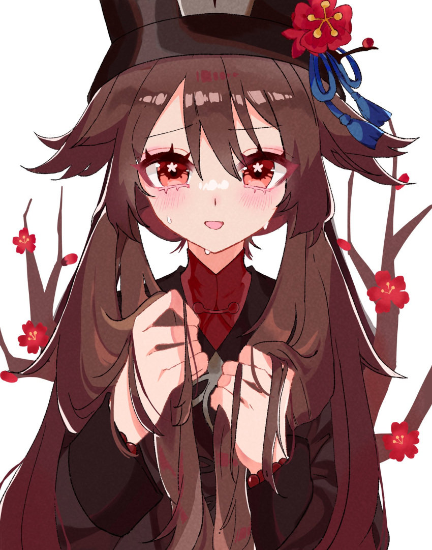 1girl black_coat blush branch brown_hair coat flower flower-shaped_pupils genshin_impact hat hat_flower hat_tassel highres hu_tao_(genshin_impact) long_hair long_sleeves looking_at_viewer neinei orange_eyes parted_lips red_shirt shirt simple_background smile solo sweat symbol-shaped_pupils twintails upper_body white_background