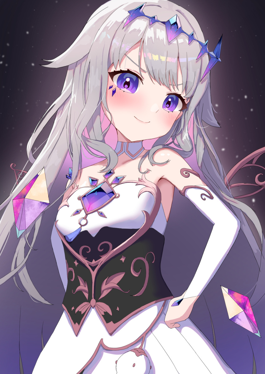 1girl black_corset blush chest_jewel collar colored_inner_hair corset crystal_wings detached_collar detached_sleeves double-parted_bangs dress fake_wings grey_hair highres hololive hololive_english jewel_under_eye koseki_bijou long_hair looking_at_viewer multicolored_hair pink_hair shoreen54 sidelocks single_sleeve smile solo violet_eyes virtual_youtuber white_collar white_dress white_sleeves wings