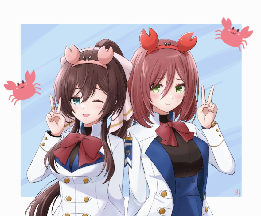 2girls arm_at_side assault_lily black_shirt blue_background blue_eyes blue_skirt blush border bow bowtie brown_bow brown_hair closed_mouth commentary_request crab crab_hair_ornament gradient_background green_eyes hair_between_eyes hair_bow hairband hand_up hatsukano_you herensuge_girls_academy_school_uniform high-waist_skirt high_ponytail inoguchi_minto jacket jewelry long_bangs long_hair long_sleeves looking_at_viewer medium_hair multiple_girls navel one_eye_closed open_clothes open_jacket outside_border parted_lips pink_hairband ponytail red_bow red_bowtie red_hairband redhead ring school_uniform serizawa_chikaru shirt side-by-side sidelocks skirt sleeves_past_wrists smile standing sweatdrop upper_body v very_long_hair white_border white_jacket wristband