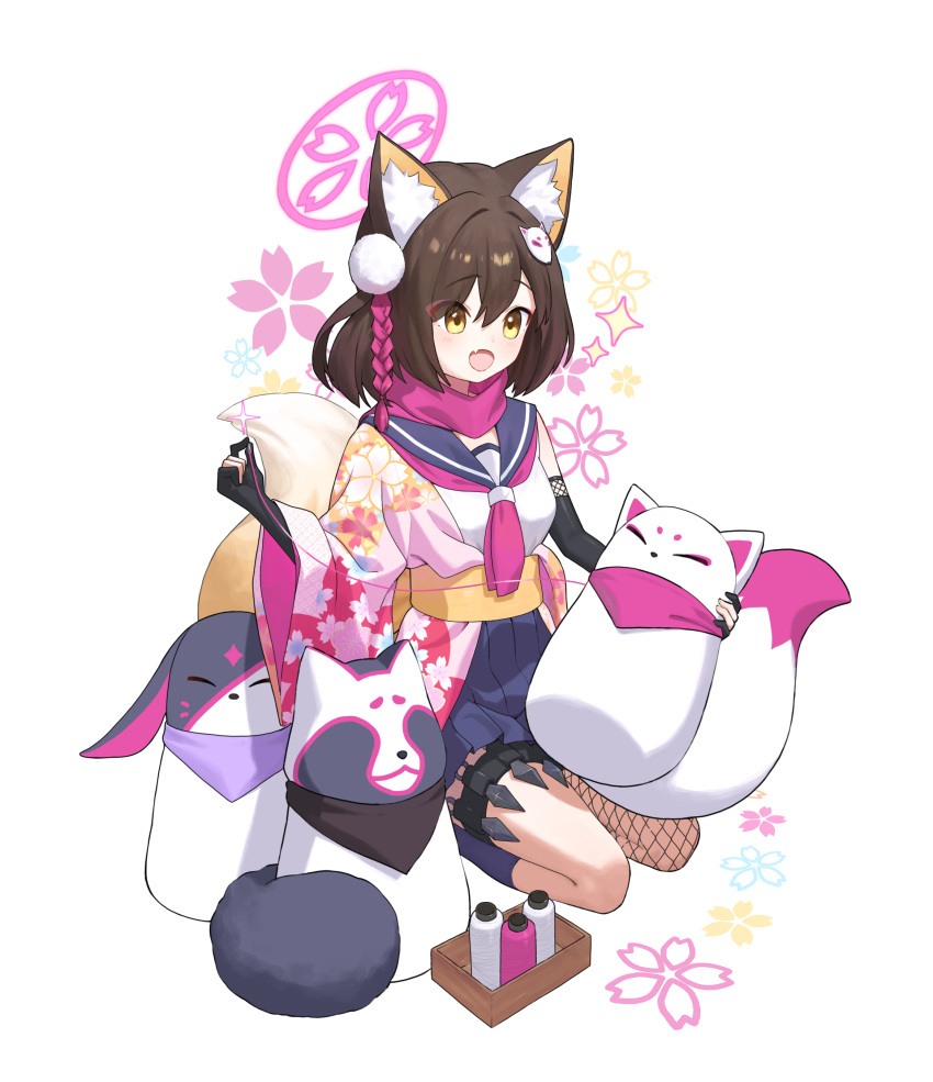 1girl :d absurdres animal_ear_fluff animal_ears asymmetrical_legwear black_gloves black_hair blue_archive cameo commentary_request cro_(user_znms5733) elbow_gloves eyeshadow fang fingerless_gloves fishnet_thighhighs fishnets fox_ears fox_girl fox_tail gloves hadanugi_dousa hair_between_eyes hair_ornament halo highres holding_sewing_needle izuna_(blue_archive) japanese_clothes kunai long_sleeves looking_at_viewer makeup medium_hair michiru_(blue_archive) mismatched_legwear ninja one_side_up pleated_skirt pom_pom_(clothes) pom_pom_hair_ornament red_eyeshadow red_scarf rope scarf school_uniform seiza serafuku sewing sewing_kit shimenawa sidelocks simple_background sitting skin_fang skirt sleeveless smile solo string stuffed_animal stuffed_fox stuffed_rabbit stuffed_raccoon stuffed_toy tail thigh-highs thigh_strap tsukuyo_(blue_archive) weapon white_background wide_sleeves yellow_eyes