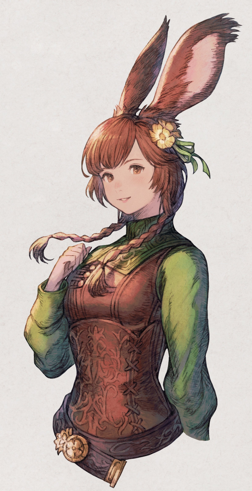 1girl absurdres animal_ears arm_at_side belt braid brown_eyes brown_hair brown_vest collared_jacket commentary cropped_torso final_fantasy final_fantasy_xiv flower from_side green_jacket hair_flower hair_ornament hair_ribbon hand_up hatching_(texture) highres jacket long_hair looking_at_viewer low_twin_braids maekakekamen parted_lips rabbit_ears ribbon simple_background smile solo swept_bangs twin_braids upper_body vest viera warrior_of_light_(ff14) yellow_background