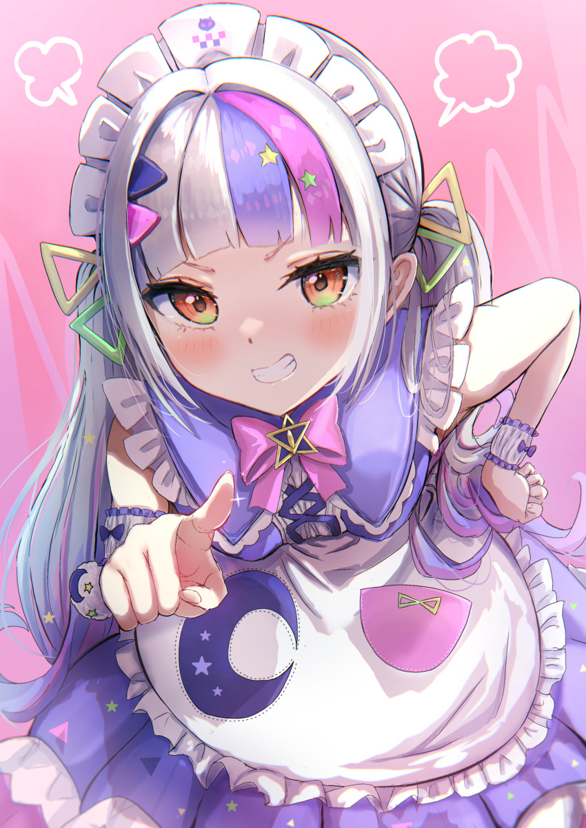 1girl absurdres apron dress grey_hair hand_on_own_hip highres hololive leaning_forward long_hair looking_at_viewer maid maid_apron maid_headdress multicolored_hair murasaki_shion murasaki_shion_(6th_costume) pink_hair pointing pointing_at_viewer purple_hair scrunchie skirt smile solo teeth terra_bose twintails virtual_youtuber white_apron wrist_scrunchie yellow_eyes