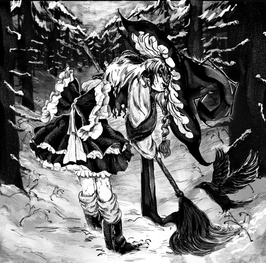 1girl back_bow bird boots bow braid broom catogom closed_mouth crow frilled_bow frills from_side full_body greyscale hat highres holding holding_broom kirisame_marisa large_hat leaning_forward long_hair long_sleeves looking_at_viewer looking_to_the_side monochrome outdoors pine_tree shirt single_braid skirt snow socks solo standing touhou tree vest witch_hat