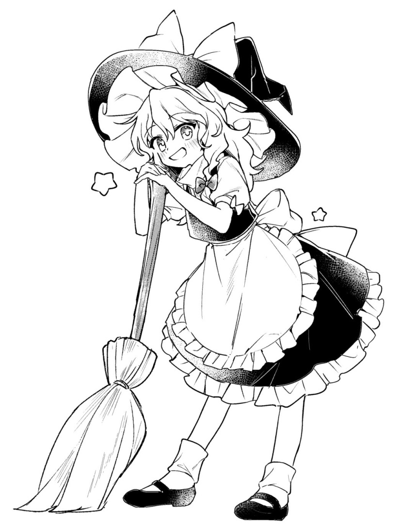 1girl apron blush bow braid broom frilled_apron frilled_skirt frills full_body greyscale grin hair_between_eyes hat hat_bow highres jill_07km kirisame_marisa long_hair monochrome protected_link shirt shoes short_sleeves simple_background single_braid skirt smile socks solo star_(symbol) touhou vest waist_apron white_background witch_hat
