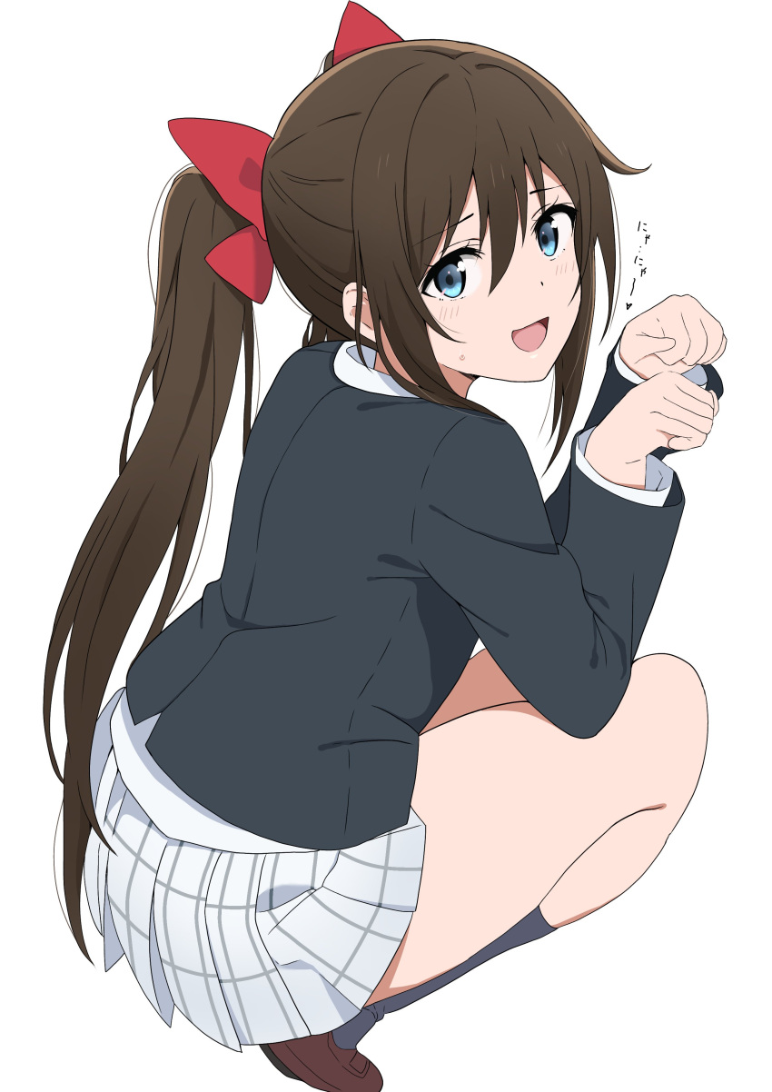 absurdres bow brown_hair embarrassed from_above hair_between_eyes hair_bow heart highres ikesho0612 light_blush long_hair looking_at_viewer looking_to_the_side love_live! love_live!_nijigasaki_high_school_idol_club meowing nijigasaki_academy_school_uniform open_mouth ousaka_shizuku paw_pose ponytail school_uniform sidelocks smile spoken_heart squatting sweatdrop thighs white_background