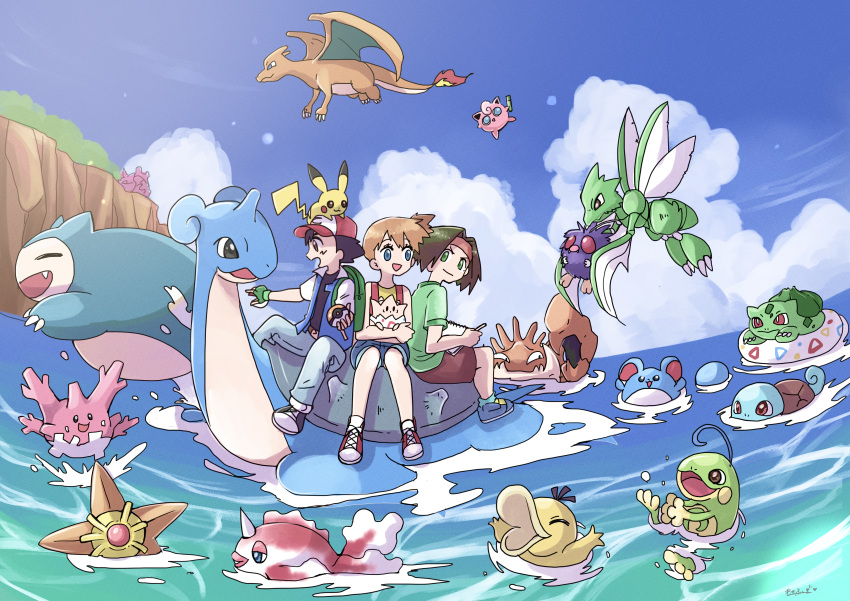 1girl 2boys absurdres animal_on_head ash_ketchum black_hair blue_eyes blue_footwear blue_jacket blue_shorts blue_sky brown_eyes brown_hair bulbasaur charizard closed_eyes closed_mouth clouds corsola eyelashes fang fingerless_gloves flame-tipped_tail gloves goldeen green_background green_eyes green_gloves green_shirt gs_ball highres holding holding_pencil holding_poke_ball holding_pokemon holding_sketchbook horns innertube jacket jigglypuff kingler lapras marill misty_(pokemon) mocha_fushigi multiple_boys no_nose on_head open_mouth orange_hair pencil pikachu poke_ball pokemon pokemon_(anime) pokemon_(classic_anime) pokemon_(creature) politoed psyduck red_footwear red_headwear red_scarf red_shorts riding scarf shirt short_hair shorts side_ponytail single_horn sketchbook sky snorlax squirtle staryu suspenders togepi tracey_sketchit venonat yellow_shirt