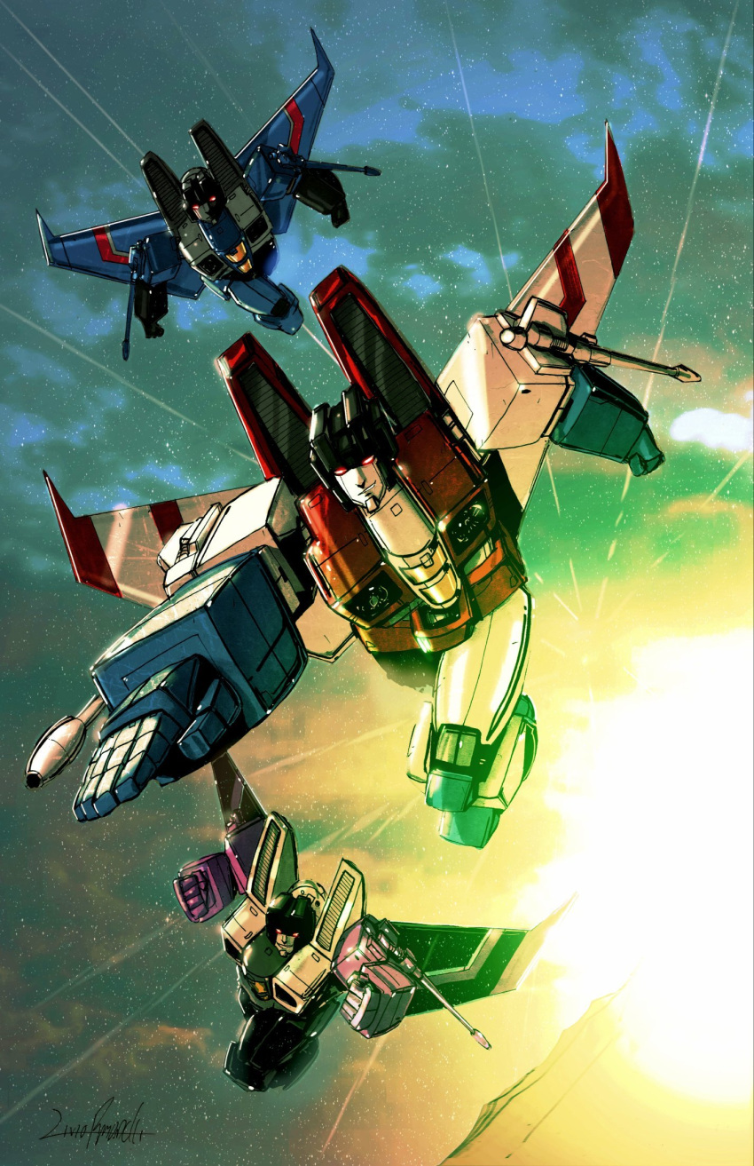 arm_cannon clenched_hand clenched_hands clouds commission decepticon english_commentary flying highres livioramondelli looking_at_viewer mecha no_humans orange_eyes robot science_fiction signature sky skywarp smirk starscream sunlight thundercracker transformers weapon western_comics_(style)