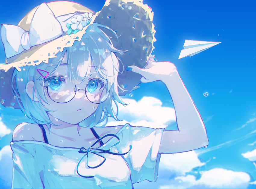 1girl bare_shoulders black_ribbon blue_eyes blue_sky blush bow brown_headwear clouds cloudy_sky collarbone dot_nose fuunyon glasses hair_between_eyes hair_ornament hairclip hand_on_headwear hat hat_bow highres looking_at_viewer off-shoulder_shirt off_shoulder original paper_airplane parted_lips ribbon round_eyewear shirt short_hair short_sleeves sidelocks sky solo straw_hat upper_body water_drop wet wet_hair white_bow white_hair white_shirt
