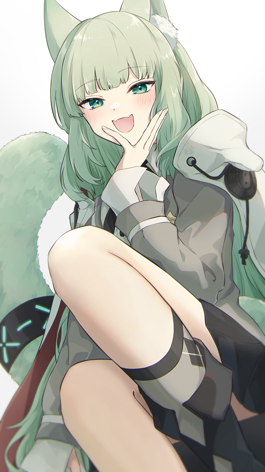 1girl absurdres animal_ear_fluff animal_ears arknights black_footwear boots cape cat_ears cat_girl cat_tail chashiomomo_(chashi00) fangs green_eyes green_hair grey_socks grey_sweater_vest harmonie_(arknights) highres infection_monitor_(arknights) layered_sleeves long_hair long_sleeves looking_at_viewer open_mouth shirt simple_background sitting skin_fangs socks solo sweater_vest tail tail_ornament tail_ring white_background white_cape white_shirt