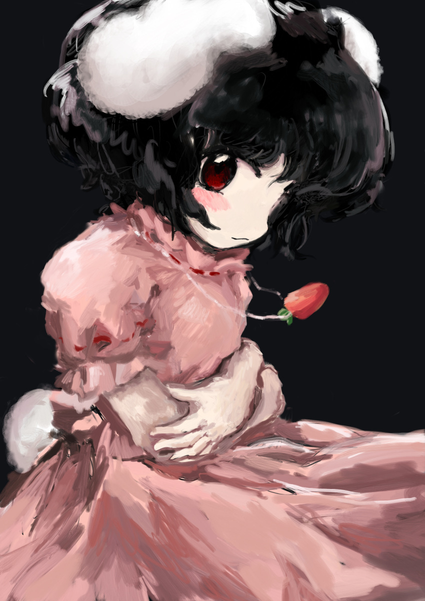 :3 animal_ears black_background black_hair carrot_necklace crossed_arms dress floppy_ears frilled_sleeves frills from_side highres inaba_tewi jewelry light_blush looking_at_viewer necklace pink_dress rabbit_ears rabbit_girl rabbit_tail red_eyes ribbon-trimmed_collar ribbon-trimmed_sleeves ribbon_trim short_hair short_sleeves si_toyaka tail touhou wavy_hair