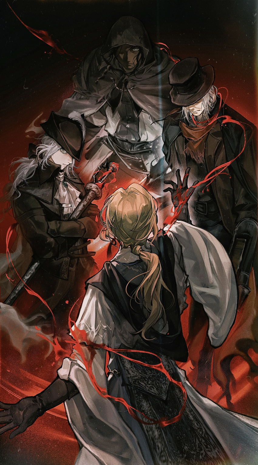 1girl 3boys absurdres ascot belt black_cloak black_coat black_hair black_headwear black_shirt blonde_hair blood bloodborne bow brown_gloves brown_jacket character_request cloak coat collared_coat covered_eyes cowboy_shot crossed_arms elbow_gloves facing_away from_above gehrman_the_first_hunter gloves grey_eyes hair_bow hat hat_over_eyes hemokinesis highres holding holding_sword holding_weapon hood hood_up hooded_cloak jacket lady_maria_of_the_astral_clocktower laurence_the_first_vicar long_hair low_ponytail multiple_boys ramiica red_background red_scarf robe scarf serious shirt short_hair standing sword top_hat tricorne weapon white_ascot white_hair white_robe wide_sleeves