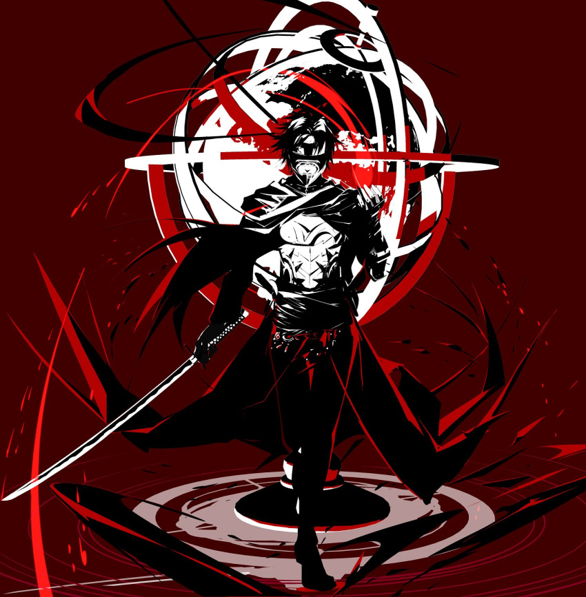 1boy arc_(arc_the_lad) arc_the_lad closed_mouth dark_persona full_body gloves highres holding holding_sword holding_weapon male_focus mask protected_link red_theme save_scene_a short_hair solo sword weapon