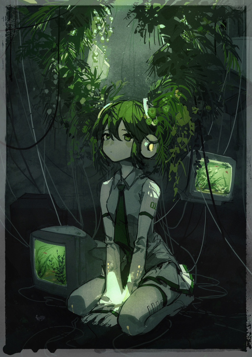 1girl absurdres arms_between_legs balabling bare_shoulders blush border chinese_commentary closed_mouth collared_shirt commentary crt detached_sleeves dot_nose expressionless fern floating_hair frilled_shirt frills full_body green_eyes green_hair green_necktie hair_between_eyes hatsune_miku headphones highres indoors light_rays long_hair long_sleeves looking_at_viewer monitor necktie plant pleated_skirt seiza shadow shirt sidelocks sitting skirt sleeveless sleeveless_shirt solo treesune_miku twintails very_long_hair vocaloid white_shirt white_skirt white_sleeves