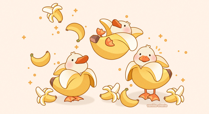 animal_focus artist_name banana bird blush commentary duck food food_focus fruit fusion highres looking_at_viewer no_humans original simple_background solid_oval_eyes sparkle symbol-only_commentary vanillacherie